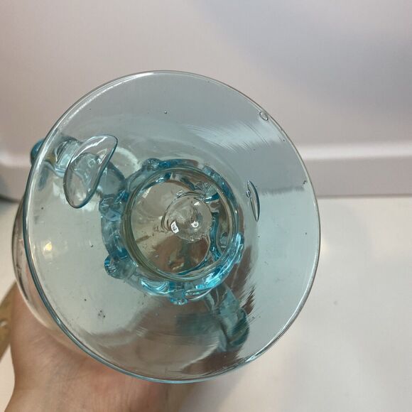 Vintage Hand blown Aqua Blue Glass Pedestal Vase With Applied Waves Handles - Picture 6 of 8